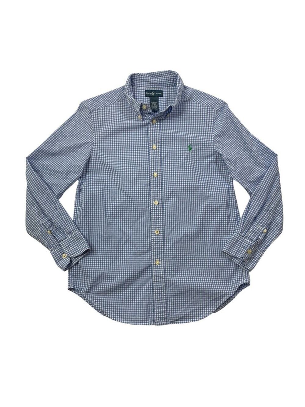 Ralph Lauren Shirt Youth Boys M Medium Blue Jay White Gingham Plaid Button Down